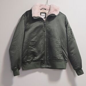 Gap Army Green Bomber Jacket with Pink Faux Fur Collar